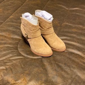 Tan suede booties with zip back